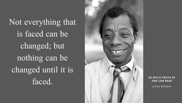 Citation de James Baldwin illustrant le billet : Ça n’est pas parce que nous les ignorons que les problèmes disparaissent.